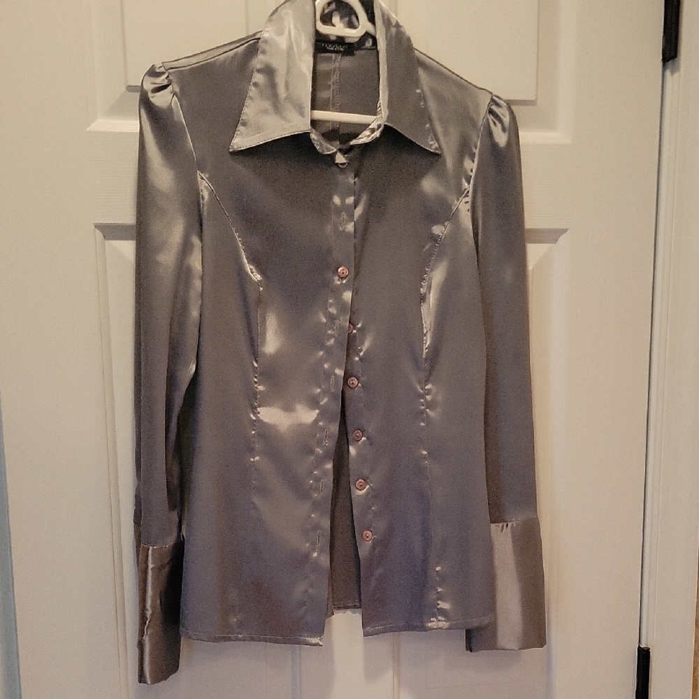 Motivi Satin Button-Front Blouse in Silver